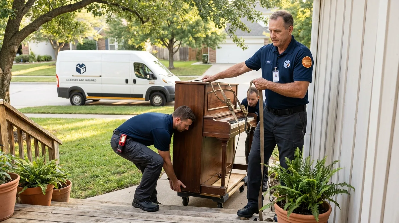 Licensed piano movers securing grand piano in Exton, PA