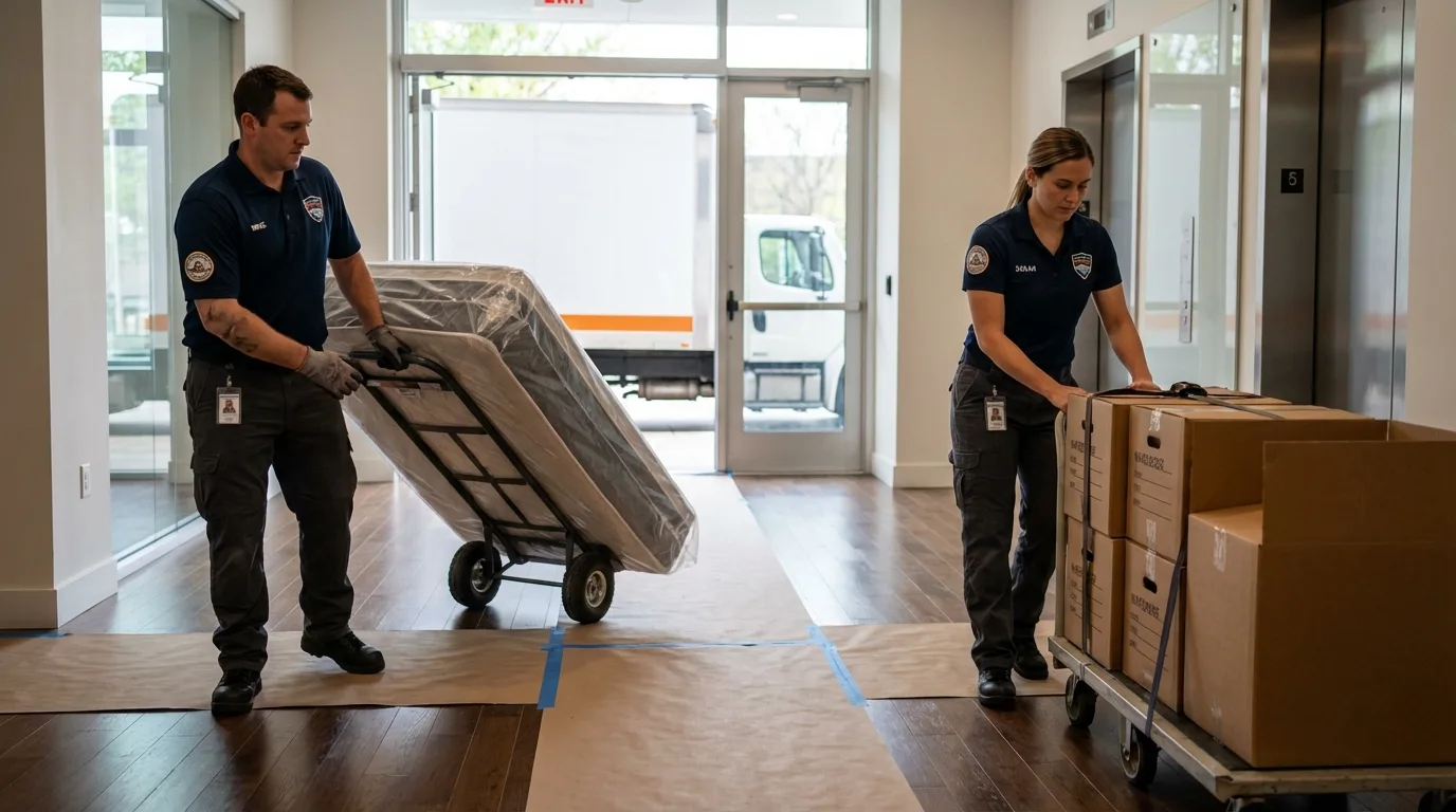 Professional apartment movers loading elevator in Exton, PA